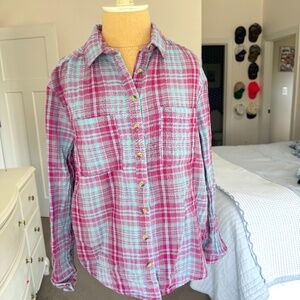 Anthropologie Amethyst & Pastel Aqua button down plaid top Size S
